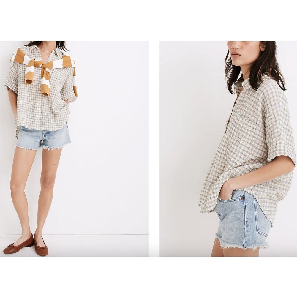 MADEWELL Gingham Daily Green Brown XS Shirt Cotton Plaid Short Sleeve Button Up